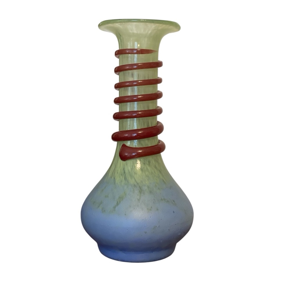 Vintage Czech Art Glass Vase 1950s 1970s Hand Blown Green Blue plus Red Spiral